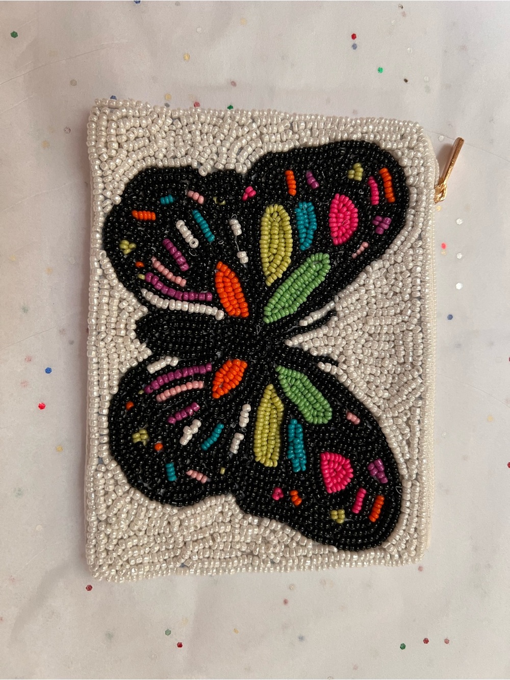 Beaded Butterfly Zip Pouch in Black & White with Multicolor Accents